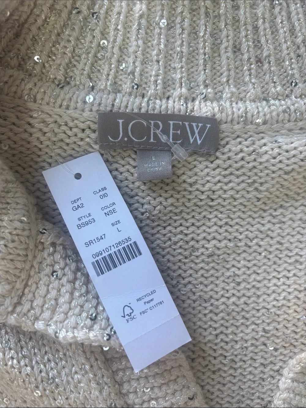 J. Crew Cream Sequin V-Neck Collared Sweater